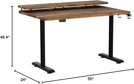 Electric Standing Desk with Monitor Shelf, 55 x 24 Inches Height Adjustable Corner Table, Computer Workstation with Cup Holder and Hook for Home Office, Brown, 55x24 Inch, Rustic Brwon - LeafyLoom