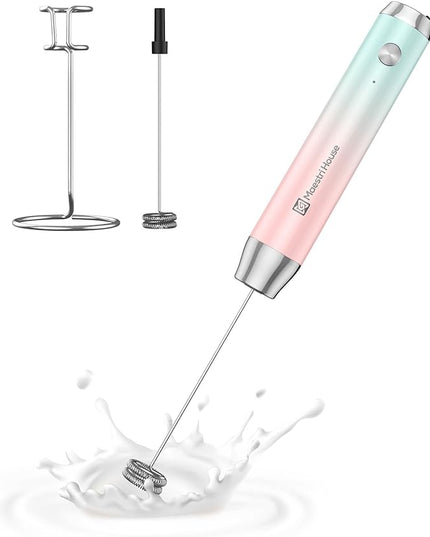 Maestri House Rechargeable Milk Frother with Stand, Handheld Electric Foam Maker Waterproof Detachable Stainless Steel Whisk Drink Mixer Foamer for Lattes, Cappuccino - LeafyLoom
