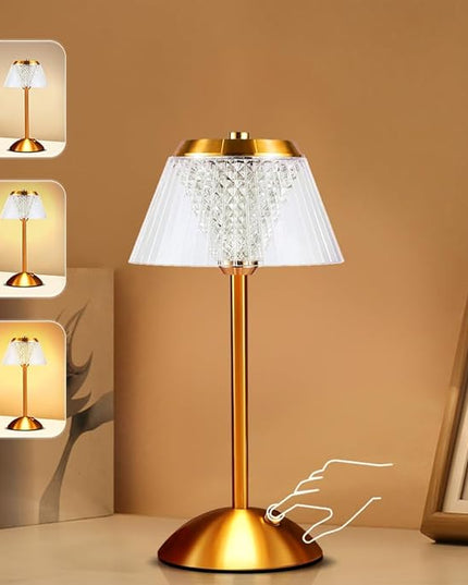 Portable Crystal Table Lamp,Cordless Metal Vintage Desk Lamp,3 Color Touch Control Rechargeable Lamp,3-Levels Brightness Room Decor Desk Lamp,Living Room,Kitchen,Dining Room Lamp (Gold) - LeafyLoom