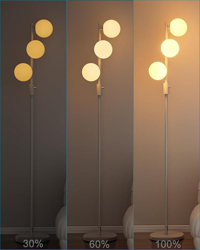 64IN Dimmable White Floor Lamp, Tall Standing Lamps with 3 Globe Soft Warm White Eye Care 3000K G9 Bulbs, Mid Century Modern Floor Lamp for Bedroom Office - LeafyLoom