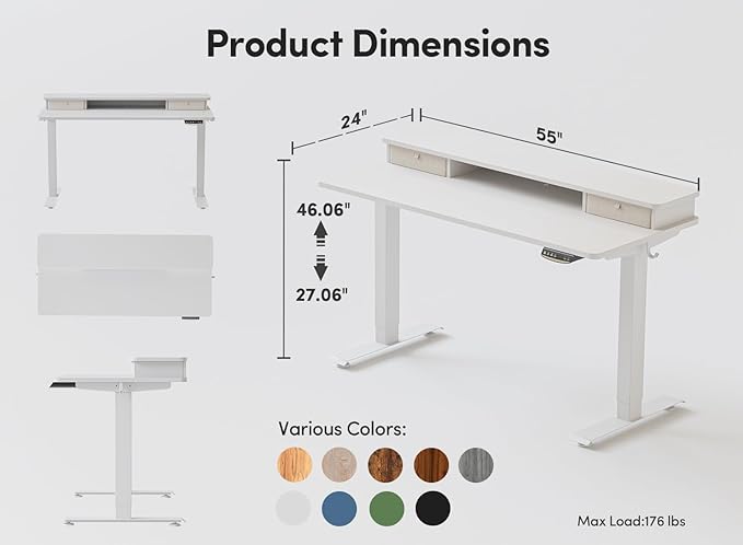 BANTI 55x24 Inch Electric Standing Desk with Double Drawers, Adjustable Height Stand Up Desk, Sit Stand Home Office Desk with Storage Shelf, White Top - LeafyLoom