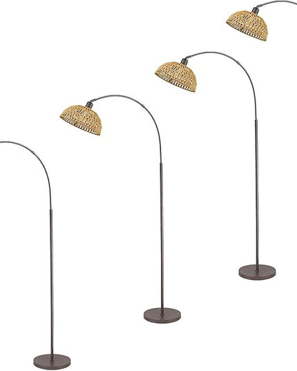 Rattan Floor Lamp, Retro Boho Arc Standing Lamp with Remote Dimmable Farmhouse Bamboo Lamp Shade Floor Light Industrial Tall Lamp with 9W LED Bulb (Oil Rubbed Bronze, 4 PACK) - LeafyLoom