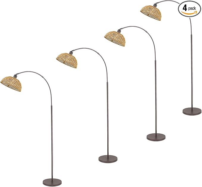 Rattan Floor Lamp, Retro Boho Arc Standing Lamp with Remote Dimmable Farmhouse Bamboo Lamp Shade Floor Light Industrial Tall Lamp with 9W LED Bulb (Oil Rubbed Bronze, 4 PACK) - LeafyLoom
