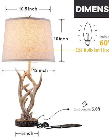 Dungoo Rustic Western Table Lamp Set of 2, 26" Farmhouse Table Lamp for Bedroom with 2 USB Ports, Natural Antler Table Lamp for Christmas Living Room Gift Foyer Office (Rustic Brown) - LeafyLoom