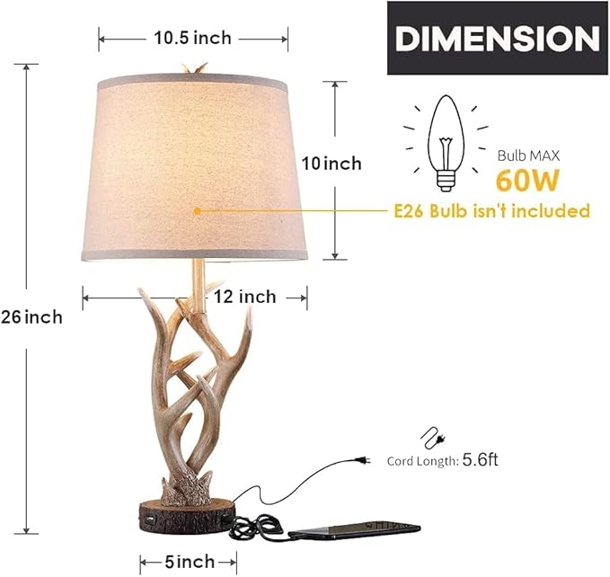 Dungoo Rustic Western Table Lamp Set of 2, 26" Farmhouse Table Lamp for Bedroom with 2 USB Ports, Natural Antler Table Lamp for Christmas Living Room Gift Foyer Office (Rustic Brown) - LeafyLoom