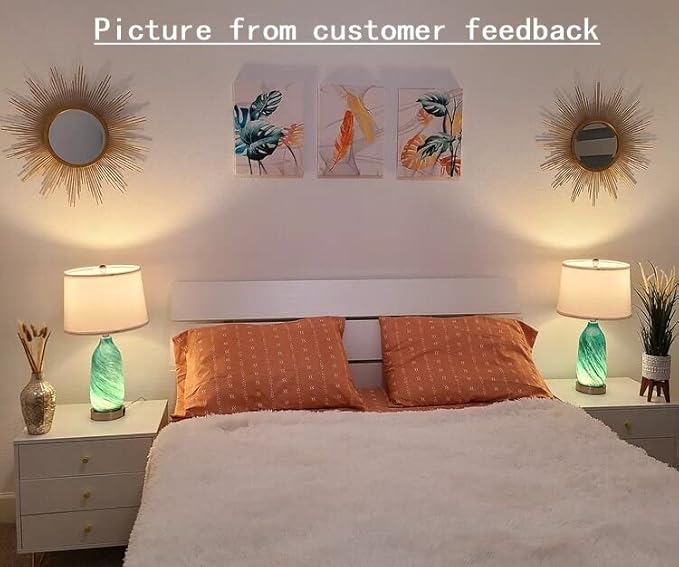 Contemporary Lake Green Glass Table Lamp with 2 USB Ports, 24.5'' Bedside Lamps Built in LED Nightlight with White Shade Coastal Modern Style Nightstand Lamp for Living Room Bedroom Office Décor - LeafyLoom
