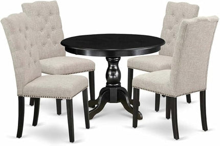 East West Furniture HBEL5-ABK-35 Hartland 5 Piece Kitchen Set Includes a Round Dining Room Table with Pedestal and 4 Doeskin Linen Fabric Upholstered Chairs, 42x42 Inch - LeafyLoom