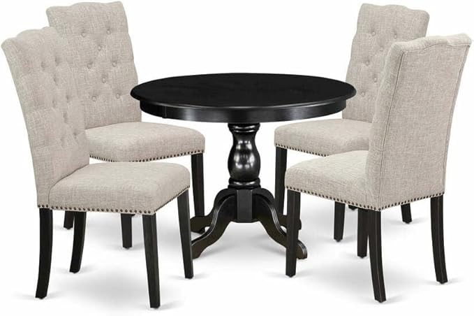 East West Furniture HBEL5-ABK-35 Hartland 5 Piece Kitchen Set Includes a Round Dining Room Table with Pedestal and 4 Doeskin Linen Fabric Upholstered Chairs, 42x42 Inch - LeafyLoom
