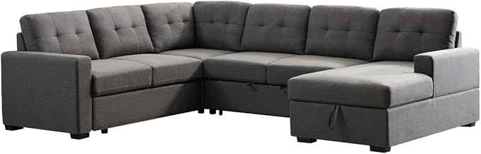 LOVMOR Living Room U Shape Large Sectional Sofa with Pull Out Sleeper Bed, Storage Chaise, Corner Couch with Arms and 2 Cup Holder for Home Furniture, Apartment, Dorm, Dark Gray, 90 Inch - LeafyLoom
