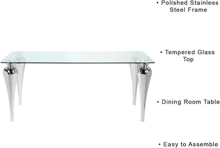 Uptown Club Glass Dining Table with Versatile Rectangular Designs, Tempered Surfaces, and Sturdy Bases for Modern Homes, Seats 4 to 8 People, Elegant Statement Piece, 71" x 35", Silver - LeafyLoom