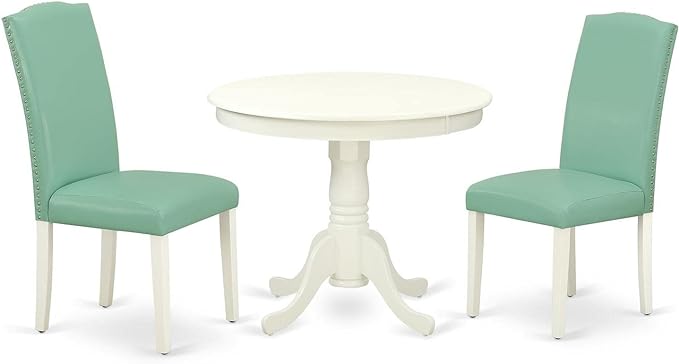 East West Furniture Antique 3 Piece Dinette Set for Small Spaces Contains a Round Kitchen Table with Pedestal and 2 Pond Faux Leather Parson Dining Chairs, 36x36 Inch, ANEN3-LWH-57 - LeafyLoom