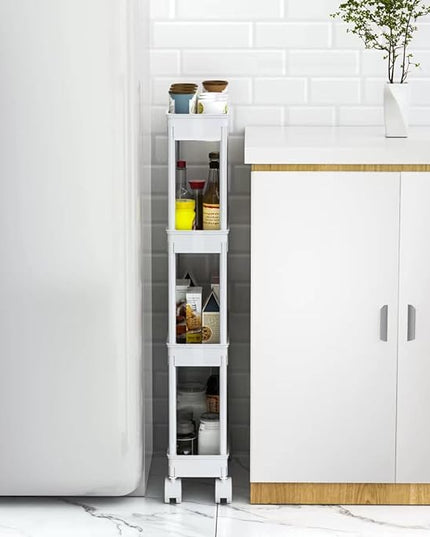 Sooyee 4 Tier Slim Storage Cart Mobile Shelving Unit Organizer Slide Out Storage Rolling Utility Cart Tower Rack for Kitchen Bathroom Laundry Narrow Places, Plastic & Stainless Steel,White - LeafyLoom