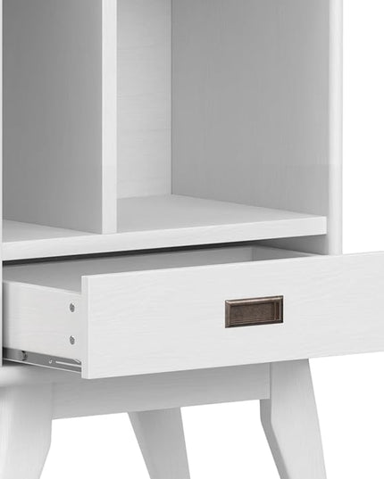 SIMPLIHOME Draper SOLID HARDWOOD 64 inch x 22 inch Mid Century Modern Bookcase and Storage Unit in White for The Living Room, Study Room and Office - LeafyLoom