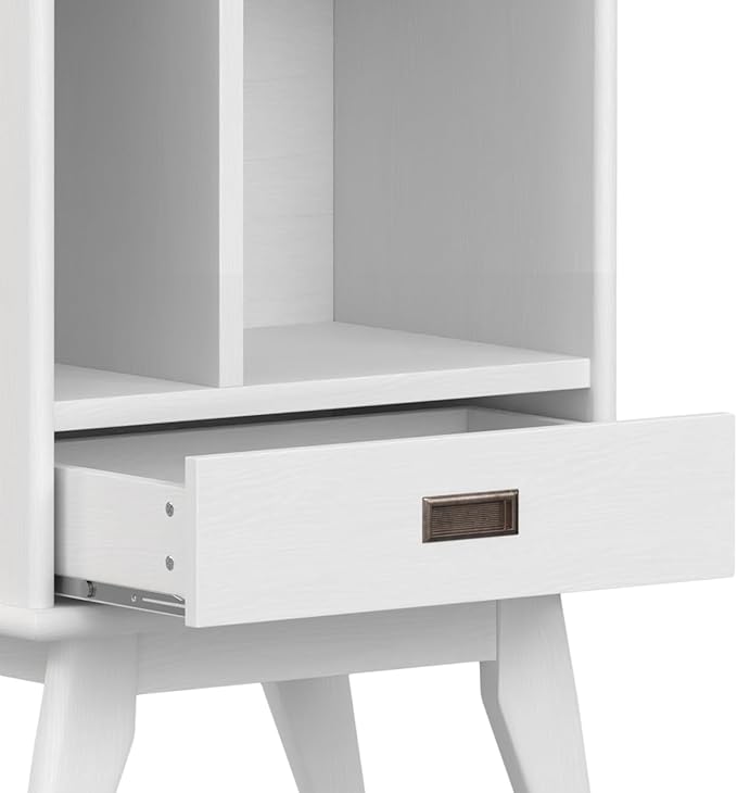 SIMPLIHOME Draper SOLID HARDWOOD 64 inch x 22 inch Mid Century Modern Bookcase and Storage Unit in White for The Living Room, Study Room and Office - LeafyLoom