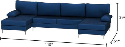 Modern Large Velvet Fabric U-Shape Sectional Sofa, Double Extra Wide Chaise Lounge Couch, Navy - LeafyLoom