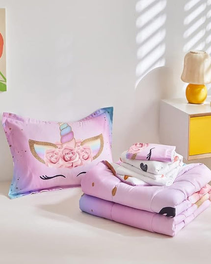 ADASMILE A & S Twin Unicorn Comforter Sets for Girls 6 Pieces Pink Floral Unicorn Bedding Set with Colorful Cute Love Heart Sheets Twin for Girls Unicorn Bed in a Bag Comforter for Home Decor - LeafyLoom