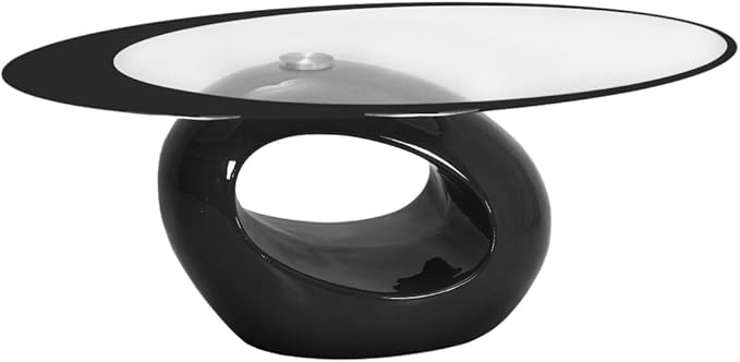Fab Glass and Mirror Coffee High Gloss Base Modern Black Center Table with Oval Glass Top for Living Room, Offices, 25.5 X 43.5 - LeafyLoom