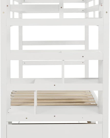 Wooden Bunk Bed Twin Over Twin/King Size with Stairs Storage and Trundle, Extendable Bunkbeds with Two Open Shelves and Drawer, for Kids Teens Adults Bedroom, White - LeafyLoom