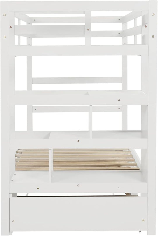 Wooden Bunk Bed Twin Over Twin/King Size with Stairs Storage and Trundle, Extendable Bunkbeds with Two Open Shelves and Drawer, for Kids Teens Adults Bedroom, White - LeafyLoom