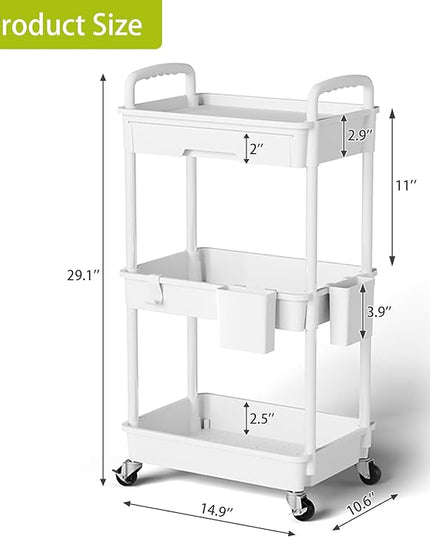 3 Tier Small Rolling Cart Organizer,Laundry Room Bathroom Organizers and Storage Office Shelves Mobile Shelving Unit Kitchen Trolley Cart with Wheels for Art,Craft,Diaper,Bedside,Snack(White) - LeafyLoom