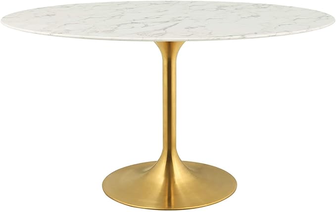 Modway Lippa 54" Oval-Shaped Mid-Century Modern Dining Table with Artificial Marble Top and Gold Base - LeafyLoom