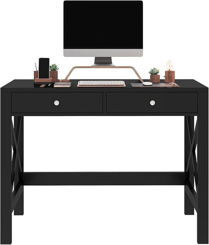 ChooChoo Home Office Desk Writing Computer Table Modern Design Black Desk with Drawers, Makeup Vanity Table - LeafyLoom