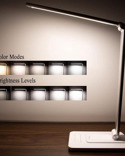 LED Desk Lamp, Stepless Dimmable Eye-Caring Lamps with Night Light USB Charging Port 5 Color Modes and 5 Brightness Levels, 30 min Auto Timer, Adjustable Lamps for Home Office Bedroom, White - LeafyLoom