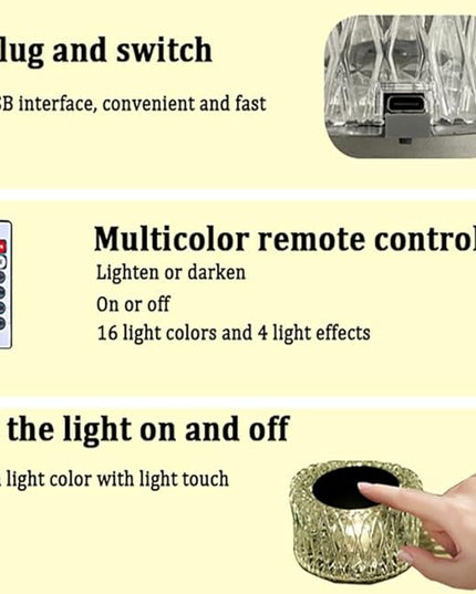 Portable Crystal LED Table Lamp, 3-Levels Brightness Desk Lamp, 3 Color Touch Control Rechargeable Lamp, Night Light, Bedside Lamp,Dining Room Lamp (16 Color) - LeafyLoom