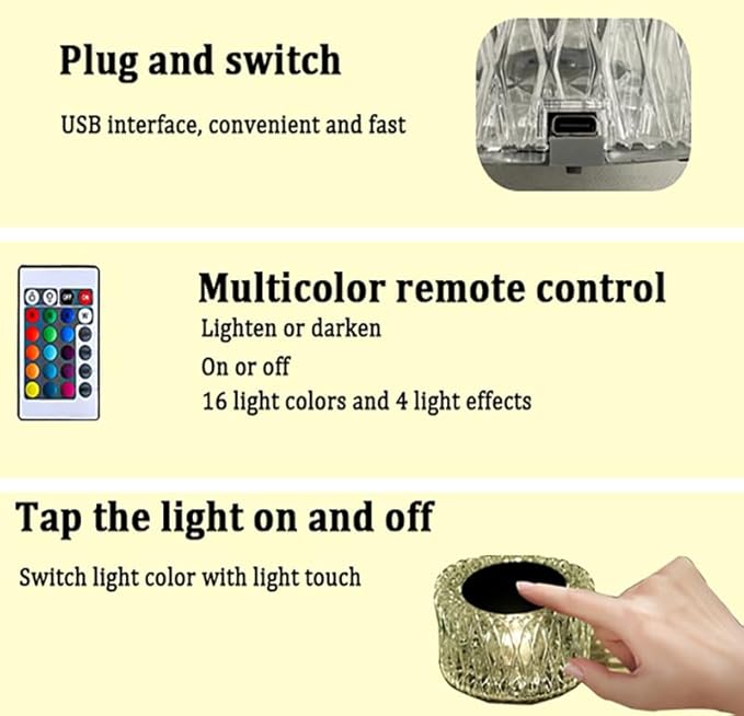 Portable Crystal LED Table Lamp, 3-Levels Brightness Desk Lamp, 3 Color Touch Control Rechargeable Lamp, Night Light, Bedside Lamp,Dining Room Lamp (16 Color) - LeafyLoom