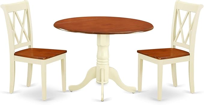 East West Furniture DLCL3-BMK-W Dublin 3 Piece Dinette Set for Small Spaces Contains a Round Table with Dropleaf and 2 Dining Chairs, 42x42 Inch - LeafyLoom