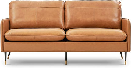 79" Top-Grain Leather Sofa, 3 Seater Leather Couch, Mid-Century Modern Couch for Living Room Bedroom Apartment Office, Cognac Tan - LeafyLoom