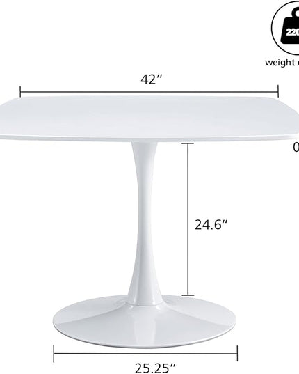 42 inch White Square Pedestal Table for 4-6 Person, Mid Century Modern Table for Kitchen Dining Room - LeafyLoom