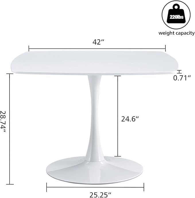 42 inch White Square Pedestal Table for 4-6 Person, Mid Century Modern Table for Kitchen Dining Room - LeafyLoom