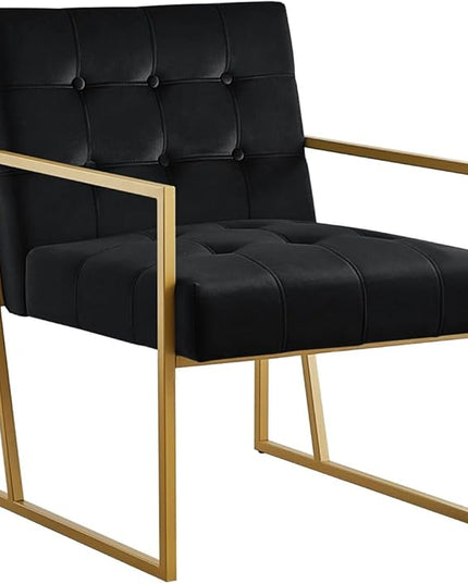 24KF Modern Black Velvet Button Tufted Accent Chair with Golden Metal Stand, Decorative Furniture Chairs for Living Room Bedroom - Black - LeafyLoom