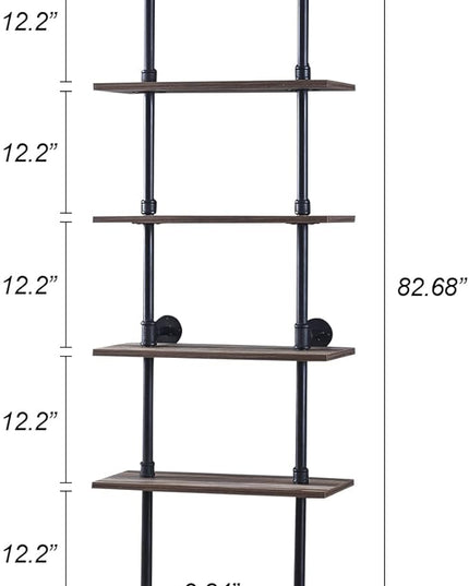 HOMBAZAAR Industrial Bookshelf, 6-Tier Industrial Pipe Bookshelf, Wall Mounted Ladder Shelves with Metal Frame for Home Office, Living Room, Oak Brown - LeafyLoom