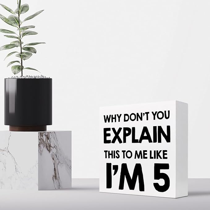 Why Don't You Explain This to Me Like I'm 5 Wood Block Sign Desk Decor,Funny Wooden Box Plaque Sign Desk Decor for Home Office Shelf Table Decor Decorations - LeafyLoom