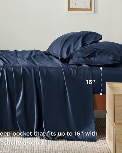 Bedsure King Size Sheet Set, Cooling Sheets King, Rayon Derived from Bamboo, Deep Pocket Up to 16", Breathable & Soft Bed Sheets, Hotel Luxury Silky Bedding Sheets & Pillowcases, Navy - LeafyLoom