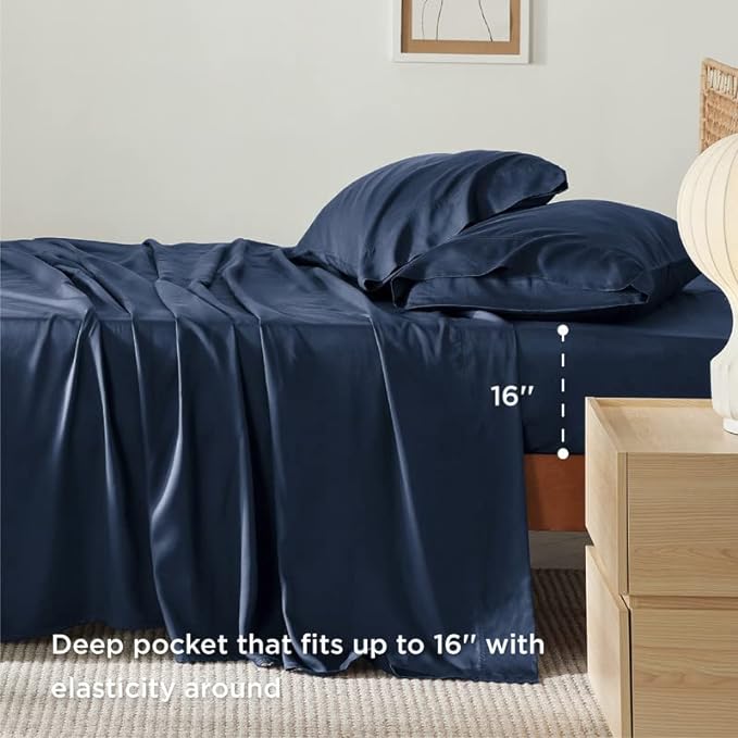 Bedsure King Size Sheet Set, Cooling Sheets King, Rayon Derived from Bamboo, Deep Pocket Up to 16", Breathable & Soft Bed Sheets, Hotel Luxury Silky Bedding Sheets & Pillowcases, Navy - LeafyLoom