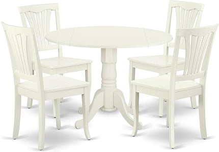 East West Furniture DLAV5-LWH-W 5 Piece Dining Set Includes a Round Dining Room Table with Dropleaf and 4 Wood Seat Chairs, 42x42 Inch, Linen White - LeafyLoom