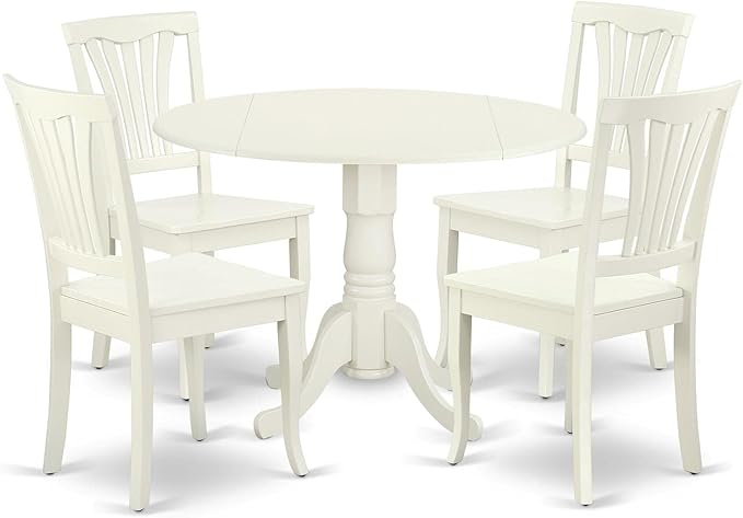 East West Furniture DLAV5-LWH-W 5 Piece Dining Set Includes a Round Dining Room Table with Dropleaf and 4 Wood Seat Chairs, 42x42 Inch, Linen White - LeafyLoom