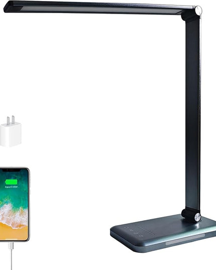 LED Desk Lamp, 5 Levels Dimmable Table Lamp Reading Lamp with USB Charging Port, 5 Lighting Modes, 30 Minutes Auto-Off Timer, Study Lamp, Eye-Caring Office Lamp with Night Light - LeafyLoom