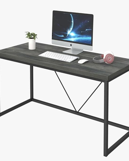55 inch Computer Desk, Vintage Work Desk for Home Office, Rustic Wood and Metal Study Writing Table, Grey - LeafyLoom