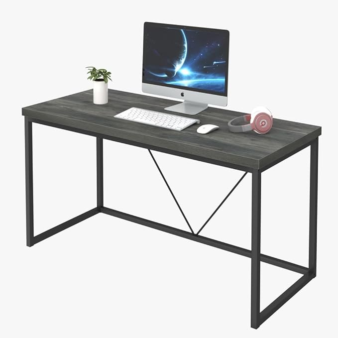 55 inch Computer Desk, Vintage Work Desk for Home Office, Rustic Wood and Metal Study Writing Table, Grey - LeafyLoom