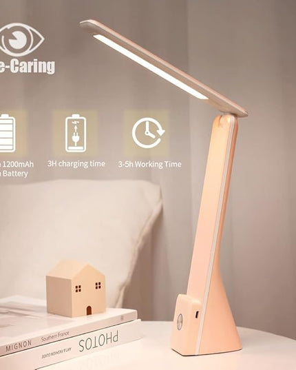 LED Desk Lamp (Pink), Cordless Lamp with 3 Lighting Modes, Rechargeable Reading Lamp with Adjustable Arm, Foldable Eye Caring Table Light for Home Office Study - LeafyLoom