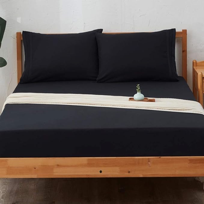 SONORO KATE Bed Sheet Set Super Soft Microfiber 1800 Thread Count Luxury Egyptian Sheets 18-Inch Deep Pocket，Wrinkle and Hypoallergenic-6 Piece (Black, California King-6 Piece) - LeafyLoom