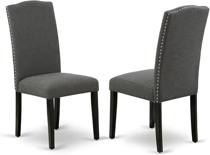 East West Furniture Dublin 3 Piece Modern Dining Set Contains a Round Wooden Table with Dropleaf and 2 Dark Gotham Linen Fabric Upholstered Chairs, 42x42 Inch, DLEN3-BLK-20 - LeafyLoom