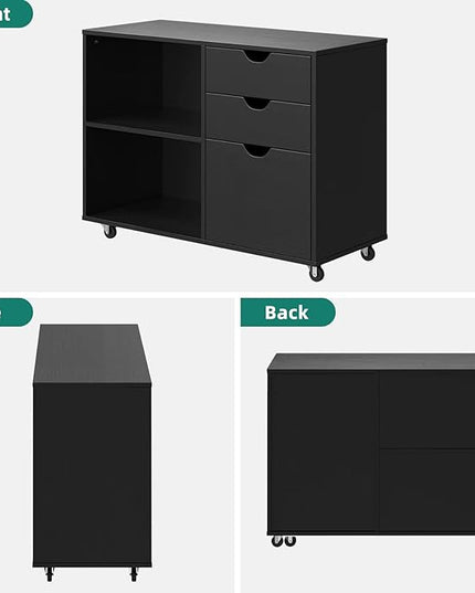 YITAHOME Wood File Cabinet, 3 Drawer Mobile Lateral Filing Cabinet, Storage Cabinet for A4, Letter Size Files, Printer Stand with Shelves for Home Office, Black - LeafyLoom