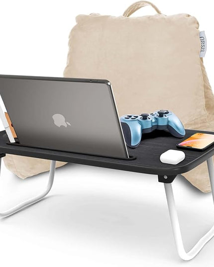 Nestl Reading Pillow with Portable Laptop Lap Desk, Velvet Feel Back Pillow for Sitting in Bed, Shredded Memory Foam Back Support Pillow for Bed, Bed Rest Pillow with Arms, Small - Cream - LeafyLoom