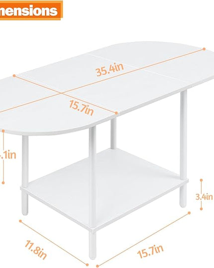White Coffee Tables for Living Room,2-Tier Small Coffee Table Industrial Modern Oval Center Table with Storage Shelf and Wood Tabletop,for Small Space,Home Office - LeafyLoom
