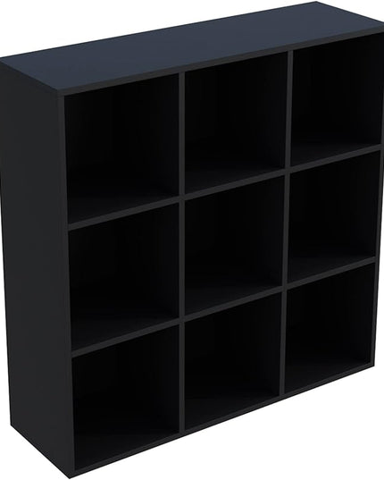 9-Cube Storage Shelf Bookcase - Wooden 3-Tier Free Standing Open Bookshelf for Home and Office, Organizer Cabinet in Black - LeafyLoom